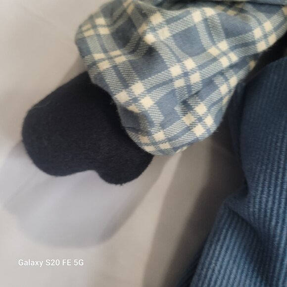 Vintage Boy Sheep Rag Doll Blue Plaid Shirt With Blue Corduroy Overalls Handmade - Picture 4 of 8